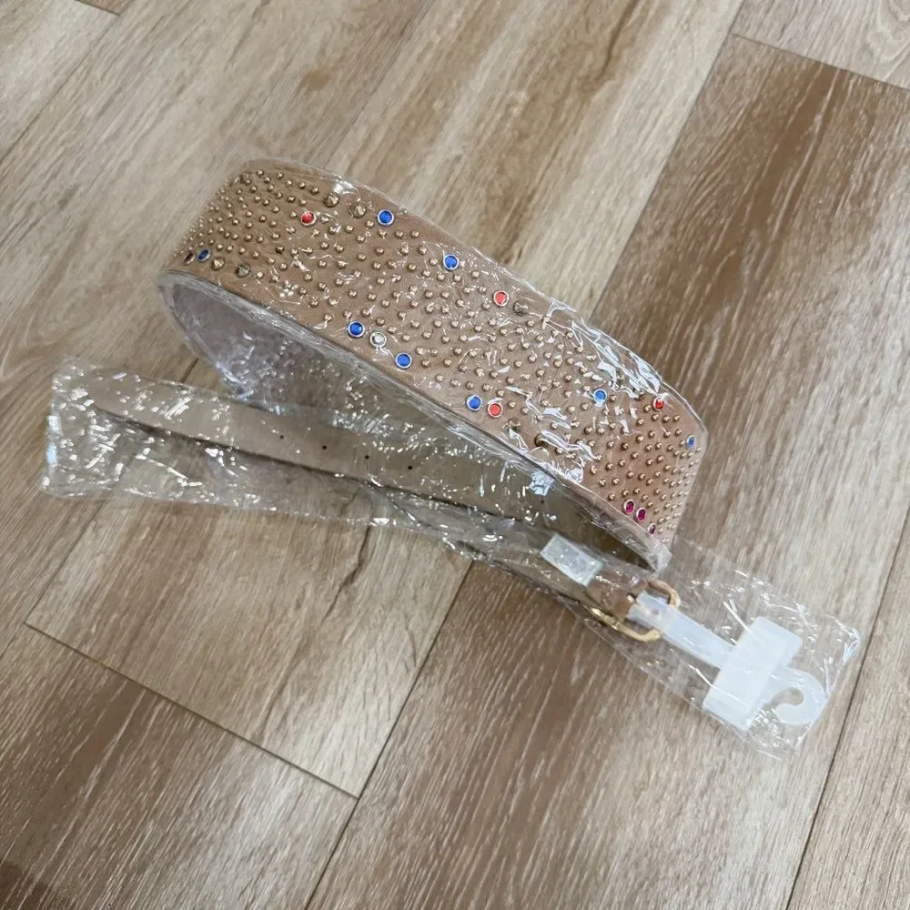 NEW Wide Vegan Leather Belt with Colorful and Metallic Studs Tan Khaki